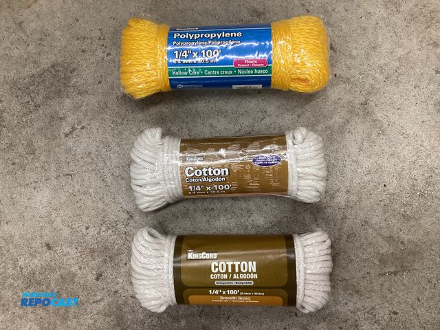 Lot 2-27522 - Two new Mibro KingCord 1/4” X 100 foot Smooth braid Cotton Sash Cord and one 1/4” X 100’ hollow core...