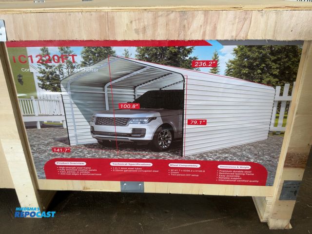 Lot 2-41415 - New SDLANCH 12’x20’ Carport with Enclosed Sidewalls, Cream Color, 141.7” wide x 236.2” deep x 100.8”...