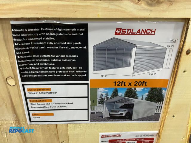 Lot 2-21876 - New SDLANCH 12’x20’ Carport with Enclosed Sidewalls, Cream Color, 141.7” wide x 236.2” deep x 100.8”...