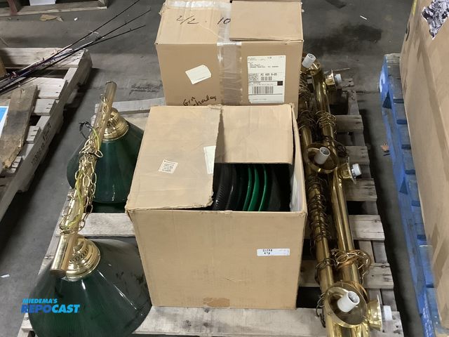 Lot 2-35269 - Skid of green and clear hanging billiard lights with gold accents includes various parts and attachm...