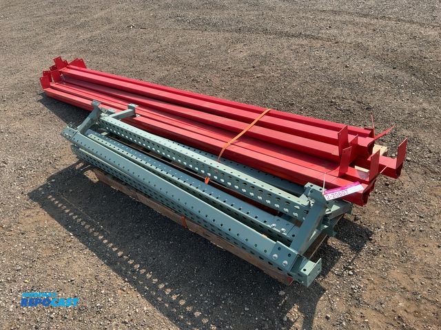 Lot 2-20607 - Lot of (5) 78" tall teardrop pallet racking posts with bolt on metal brackets and (8) 12' long metal...