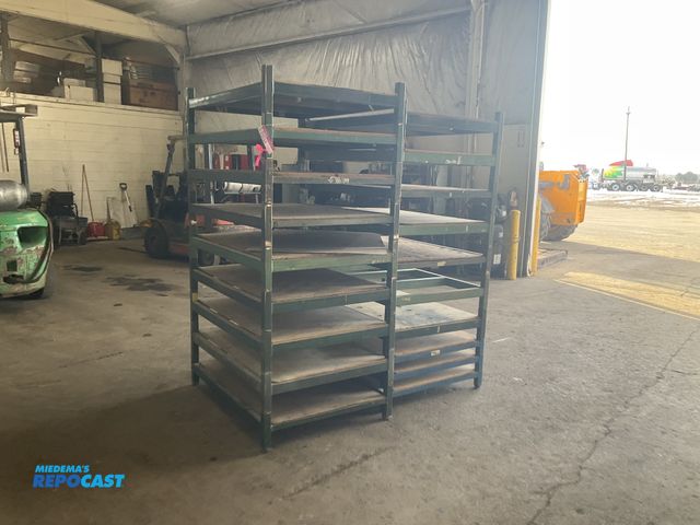Lot 2-23734 - (19) stackable metal racks 35.5” x 48.5”, wood decks on all but one, used