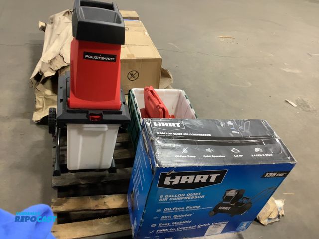 Lot 2-33188 - Skid lot of items including Hart 8 Gal quiet air compressor, Powersmart electric wood shredder, comp...