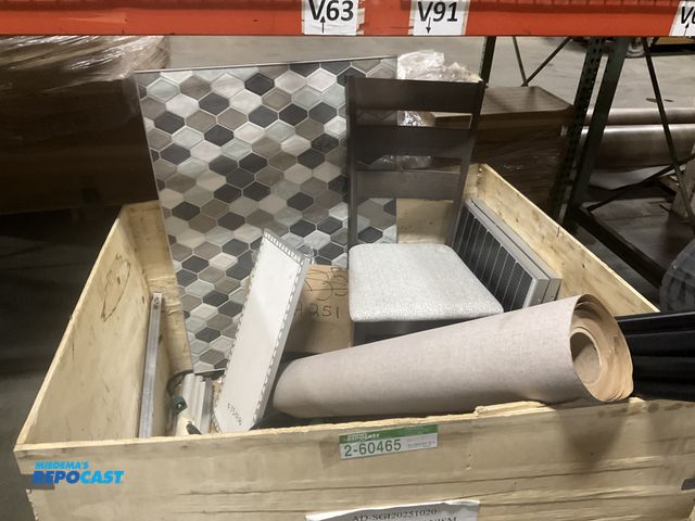 Lot 2-60465 - Crate of Miscellaneous RV Parts Including Solar Panels, Roll Out Blinds, a Chair, Tile Sections, and...
