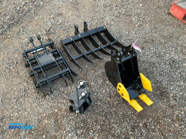 Lot 2-21642 - New 4-Piece Attachment Set for Chinese Mini Excavators, includes 8” Bucket with Teeth, 19” Wide Rake...