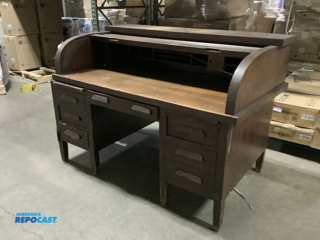 Lot 2-35047 - Wooden Desk with Roll-Up Top, has damages/cracks, 60” W x 36” D x 43.25” T