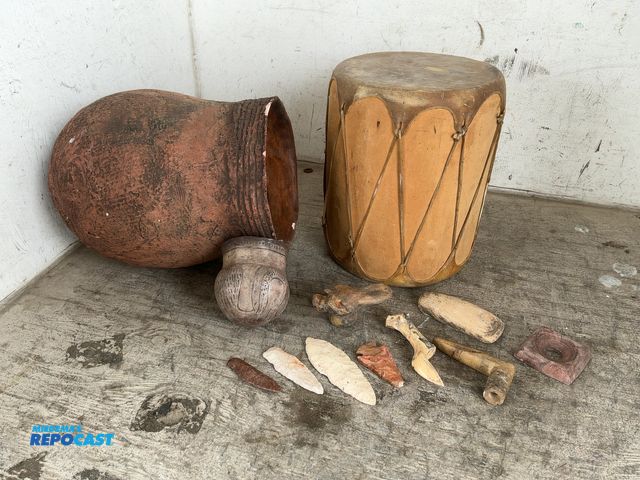 Lot 2-75058 - Lot of Ancient Indian Artifacts Including Pots, Drum, Arrow Heads, and More