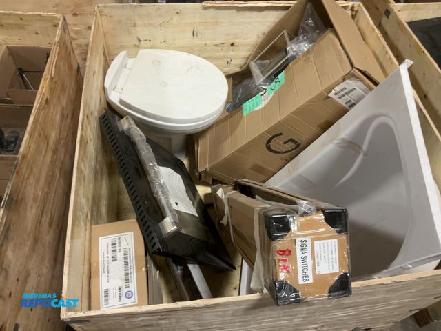 Lot 2-60461 - Crate of Miscellaneous RV Parts Including Destin LED Lights, Toilet, Stove Door, Lighting Fixture, S...