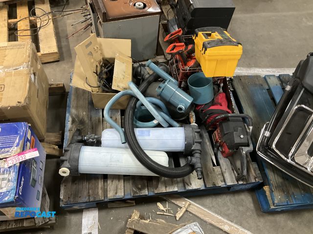 Lot 2-23831 - Large skid lot of pool filtration parts, drills, handheld toolbox, chainsaw, and welding mask.