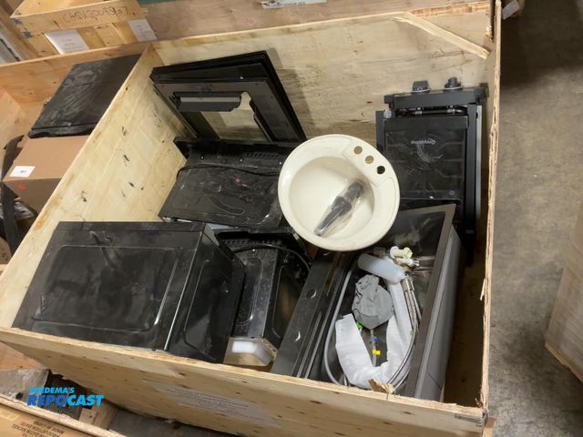 Lot 2-60462 - Crate of Miscellaneous RV Parts Including Sinks, Microwaves, and Cooktops