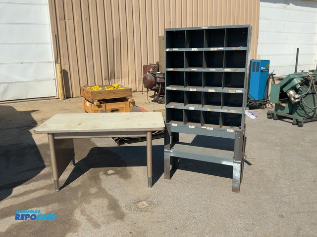 Lot 2-33045 - Durham 20-Hole Storage Bin Cabinet on Stand with Shelf, 34”x12”x69-1/2” tall and Metal 55” Wide Desk...