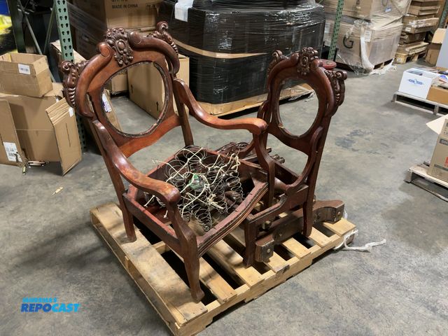 Lot 2-96543 - Skid Lot of Wooden Furniture Parts, including Partially-Assembled Chairs, Legs, and Tabletop