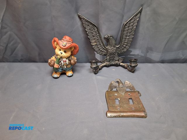 Lot 2-27876 - VINTAGE CAST IRON PATRIOTIC EAGLE CANDLE HOLDER AND METAL EAGLE LIGHT SWITCH COVER