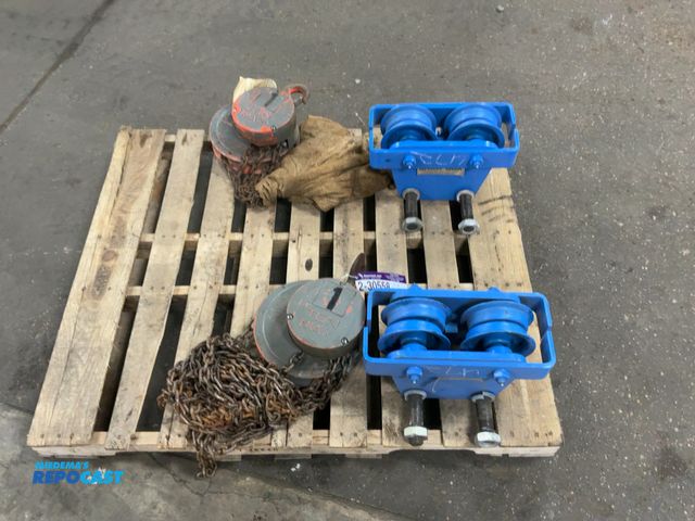 Lot 2-30558 - (2) CM 1 Ton Manual Chain Hoists with (2) Shaw Box 3 Ton I-beam Trolleys, no place on trolleys to ho...