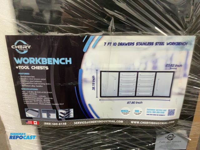 Lot 2-44244 - New Chery Industrial 7' 10-Drawer Steel Workbench, Stainless Steel Top, Cabinet Doors, and Drawer Fr...