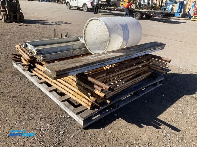 Lot 2-41901 - Lot of scaffolding including (11) 5’ x 5’ scaffolding uprights, (3) 9-1/2” x 96” wood planks, cross ...