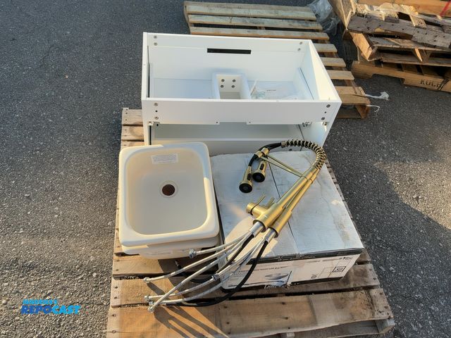 Lot 2-96786 - Skid lot including bathroom sink, vanity, 2 plastic sinks, 2 faucets