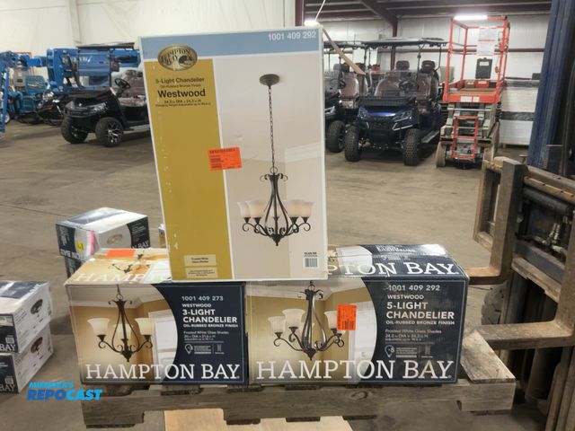 Lot 2-23305 - (3) Hampton Bay Westwood Chandeliers, Oil Rubbed Bronze Finish with Frosted White Glass Shades, two ...