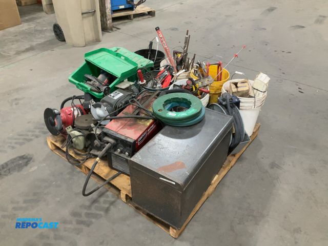 Lot 2-15577 - Fish tape, heat gun, screw drivers , pneumatic hose with reel, Century welder, bench grinders, wrenc...