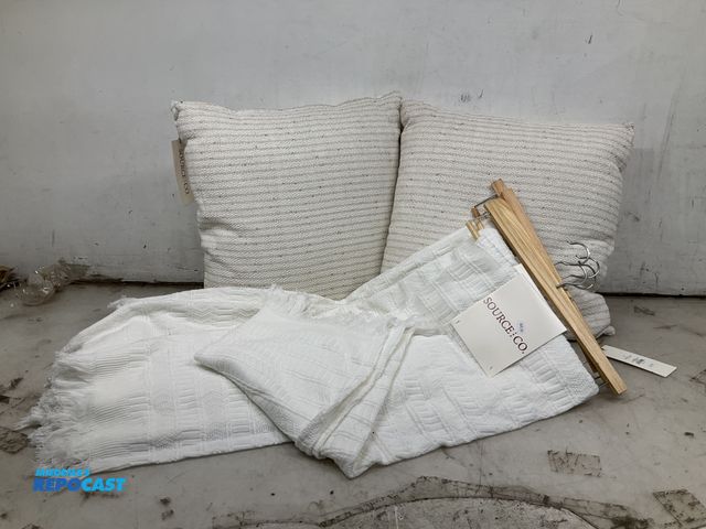 Lot 2-64313 - Source and co. (2) White and rose gold striped throw pillows and (4)  source and co. White throw bla...