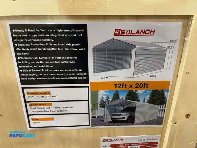 Lot 2-21878 - New SDLANCH 12’x20’ Carport with Enclosed Sidewalls, Cream Color, 141.7” wide x 236.2” deep x 100.8”...