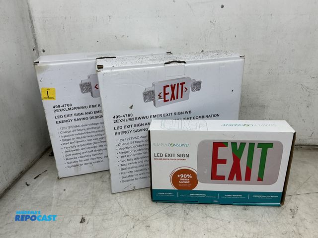 Lot 2-27300 - Simply Conserve LED exit sign (red and green color options), and (2) 499-4760 LED exit sign and emer...