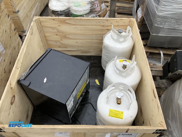 Lot 2-93834 - Lot of (1) RVision RCR1625 1.6 Cu.Ft. Mini Refrigerator, and (3) 30lb RV Propane Tanks