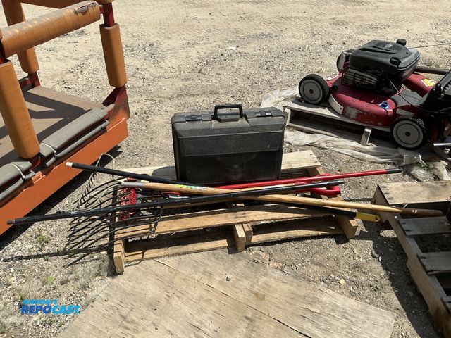 Lot 2-75950 - Lot of various lawn and garden items including rakes, brooms and a Dewalt circular saw with case.