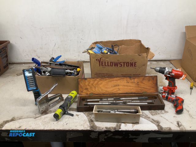 Lot 2-19368 - Drills, clamps, staple gun, portable Ryobi inflator, (2) black and decker drills, buffer, wrenches, ...