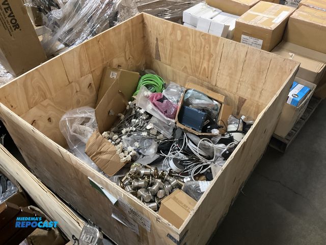 Lot 2-27764 - Crate of doorknobs, voltage converters, Oultra black latch slid E bolts, various wires/cables, secur...