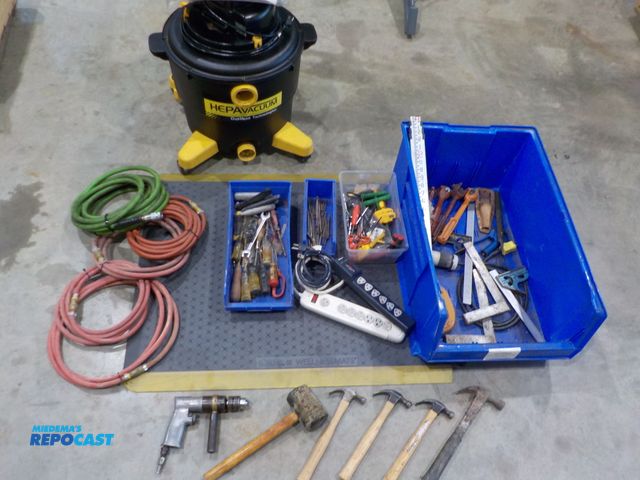 Lot 2-23652 - large shop lot - hepa-vacuum shop vac, Cintas floor mat, (5) air hoses, (2) multi plugs, (5) hammers...