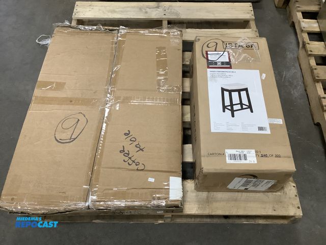 Lot 2-99948 - New Unassembled Coffee table with glass topper and wooden legs and white counter stool #55815WHTPU-0...