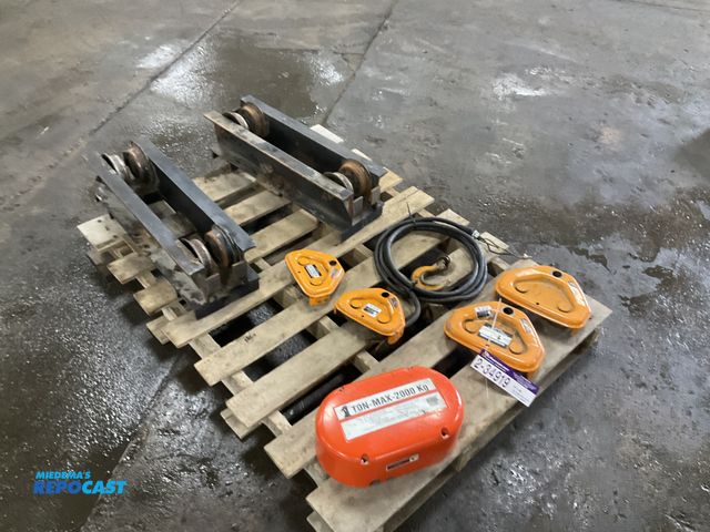 Lot 2-34919 - Skid of industrial hoist parts including two I beam trolleys, 1-ton and 1/2 ton trolley sides, and a...