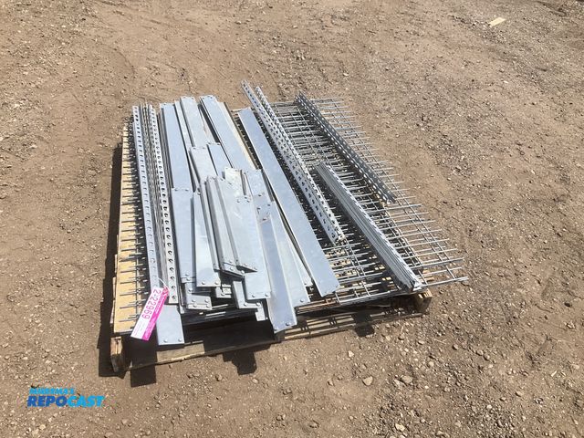 Lot 2-22969 - Skid of metal shelving unit parts including (10) 48” x 18” wire mesh shelves, uprights in 48”, 37” a...