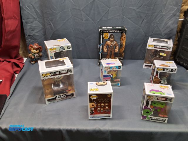 Lot 2-23621 - (7) ASSORTED POPS AND (1) STAR WARS STRETCH CHEWBACCA