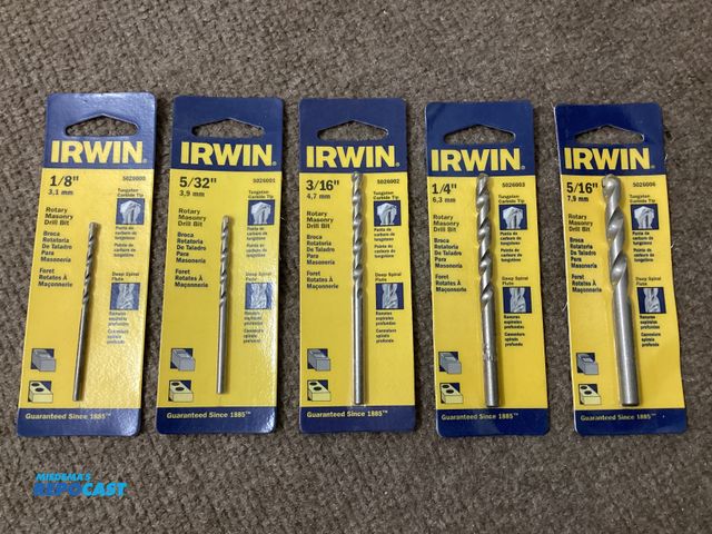 Lot 2-63216 - 5 new Irwin Rotary Drill drill bits. 1/8”,5/32”,3/16”,1/4”, 5/16”. Tungsten carbide tip, deep spiral...