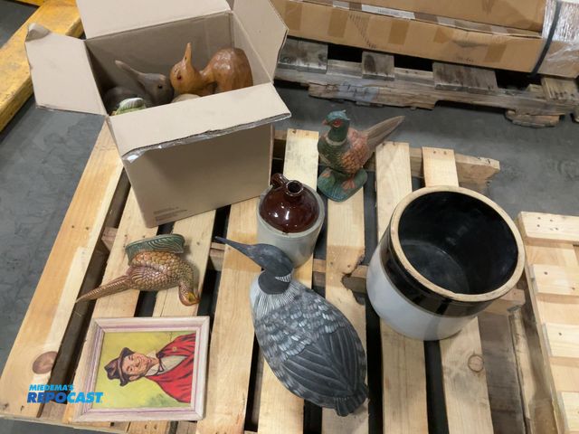 Lot 2-93608 - Skid lot of Wood/Ceramic Ducks and (2) Crock and Moonshine Jugs and a “Gay Philosopher” Picture