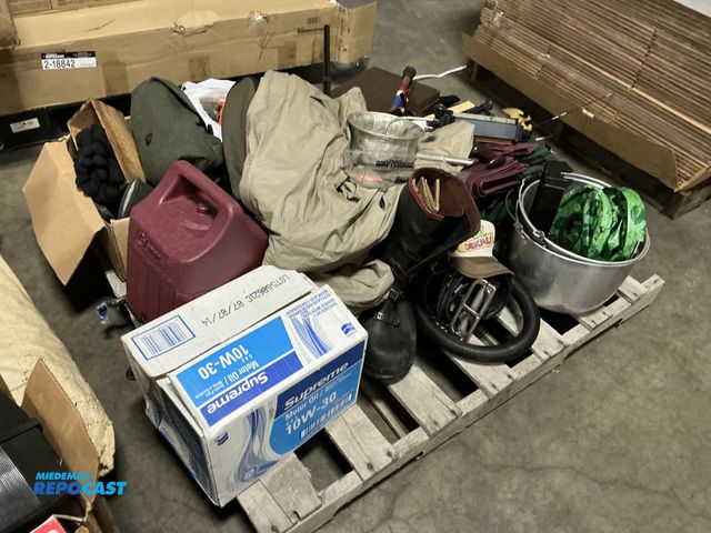 Lot 2-96323 - Skid lot of various items including boots hammers walking cane, hats and more