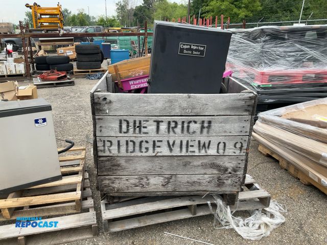 Lot 2-99022 - Lot of wooden crate containing miscellaneous items including pink wagon, helmets, beverage dispenser...