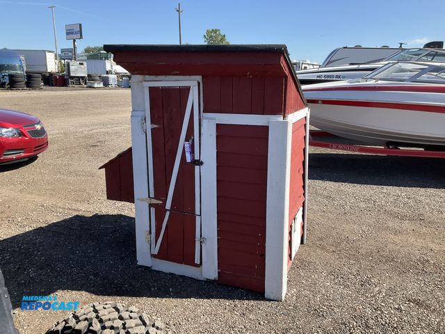 Lot 2-30181 - Homemade chicken coop with three laying boxes, 65”W x 49” x 74”T (high side of the slant roof), spli...