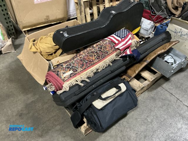 Lot 2-99913 - Skid lot of various items including guitar case , boat paddles, walking can and more