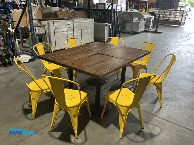 Lot 2-49921 - 12 Piece Dining Set Including: 4 Like-New Metal Frame Wooden Top Tables- 30”x24”x30” &amp; 8 Like-Ne...
