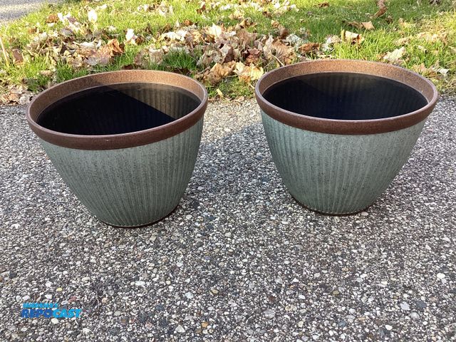 Lot 2-77749 - Two New 10” Westlake Round Planters by Southern Patio.  Rustic Galvanized. Approximately 10” across ...