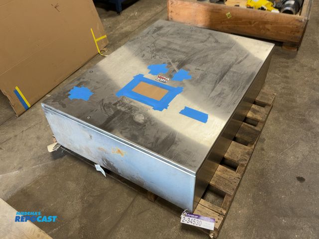 Lot 2-34530 - Used Stainless Steel Industrial Electrical Enclosure, empty, has holes in door, 3’x4’x13”