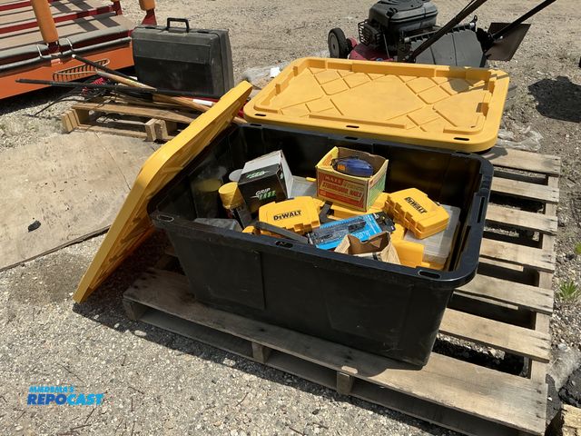 Lot 2-75952 - Tote of various shop supplies including cans of fire block and big gap foam filler, various nails, s...