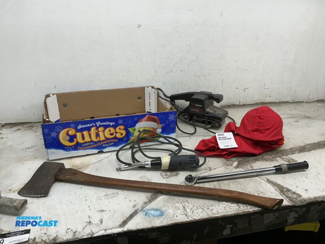 Lot 2-19409 - Lot of miscellaneous items including abrasive blasting hood, axe, 1/2” square drive wrench, and more
