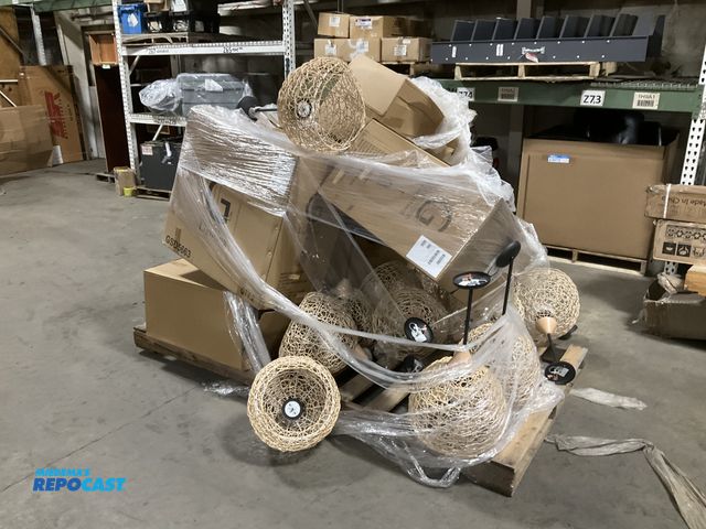 Lot 2-19640 - Skid lot of gustafson lighting woven bamboo pedant hanging lights