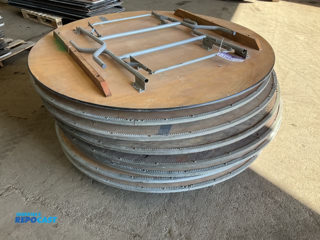 Lot 2-33661 - (8) wooden foldable round tables. Measures 5’ in diameter.