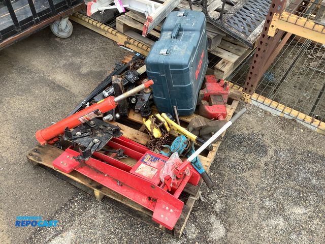 Lot 2-35874 - Skid Lot of Assorted Jacks, Winches, Hitches, Clamps, Bosch Tool Set, and More