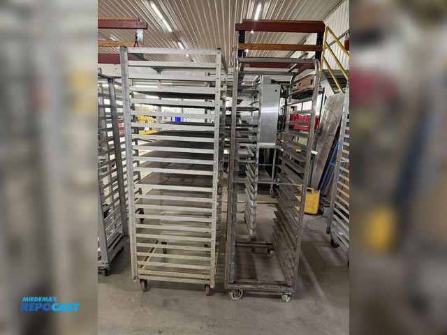 Lot 2-23868 - Lot including (1) 27” width x 69” height x 24” depth bread rack with (10) 23” x 23” metal grid racks...